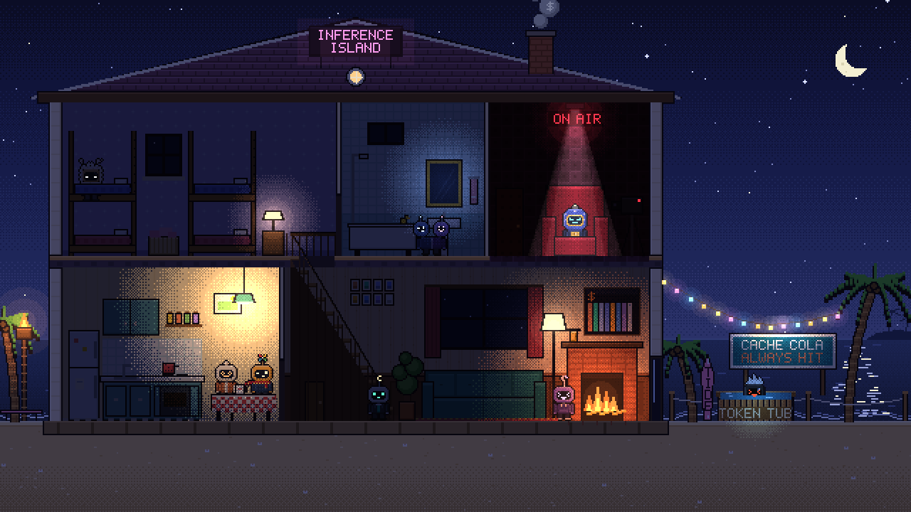 A pixel-art villa on an island at night: AI robots in the kitchen, the living room, the confessional and the hot tub on the beach
